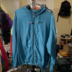 Dark Teal Windbreaker w Hoodie and zipper pockets